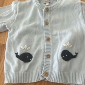 Nantucket kids light blue cardigan sweater with navy whales.